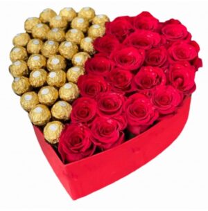 roses and chocolates in heart box