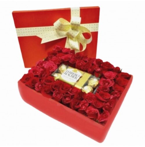 roses and chocolates in gift box